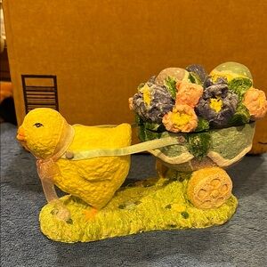 Charming Yellow Chick Figurine with Floral Cart